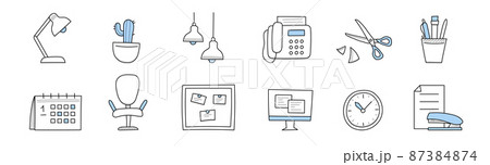Office supplies or stuff doodle icons isolated set Office supplies or stuff doodle icons isolated set 87384874