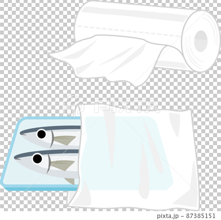 A plastic bag containing a roll of plastic bag and a packed fish 87385151