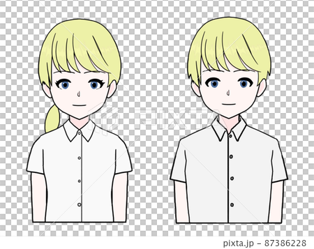 Blonde blue-eyed men and women in short-sleeved shirts Blonde blue-eyed men and women in short-sleeved shirts 87386228