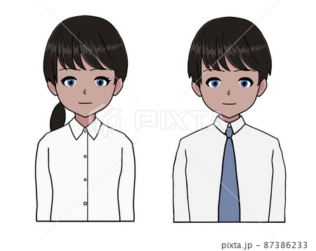 長袖のワイシャツを着た黒髪碧眼の男女 87386233