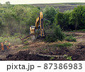 Yellow excavator with bucket clearing vegetation 87386983