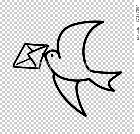 一隻攜帶信件的可愛小鳥的插圖(單色線條畫) 一隻攜帶信件的可愛小鳥的插圖(單色線條畫) 87387094
