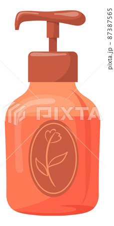 Floral cosmetic bottle with plastic pump. Cartoon icon Floral cosmetic bottle with plastic pump. Cartoon icon 87387565