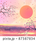 Magic sakura flowers over red sun with fields and lake water, beautiful Japanese nature landscape with sunrise, digital asian art in vector. 87387834