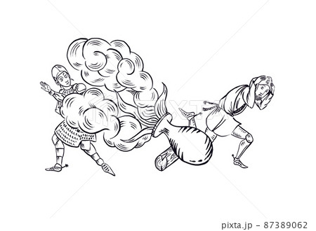 Medieval art of first cannon gun, soldier and warrior at war are scared as weapon fires smoke 87389062