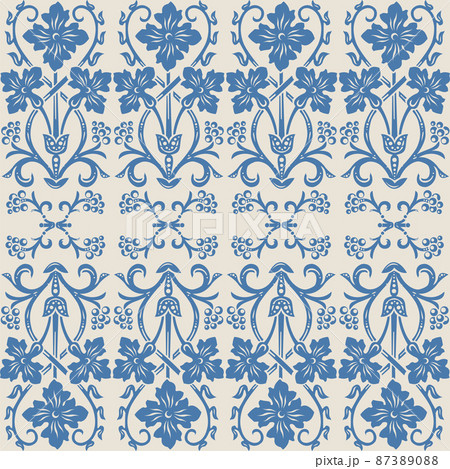Seamless pattern in ivory ang blue, vintage Victorian floral ornament of wild flowers 87389088