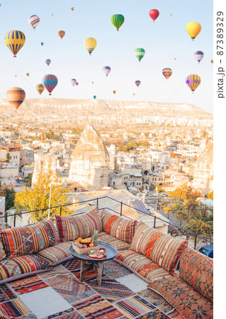 Traditional turkish breakfast with fruits with Cappadocia view 87389329