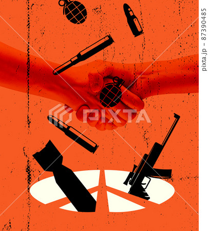 Human hands on red background with drawings of falling bombs, rockets. Ukraine vs Russia in world war crisis concept. Artwork 87390485