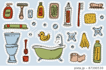 Bath doodle vector illustration. Hand draw set of home bathroom hygiene accessories. Sketch icons for hotels, plumbing and cosmetics stores Bath doodle vector illustration. Hand draw set of home bathroom hygiene accessories. Sketch icons for hotels, plumbing and cosmetics stores 87390530