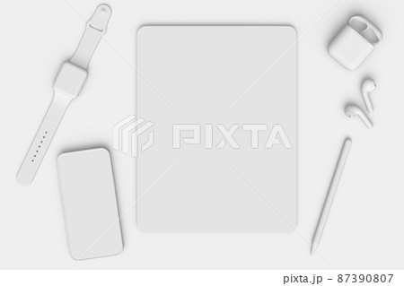 Computer tablet with stylus, smartwatch, phone and headphone on white background Computer tablet with stylus, smartwatch, phone and headphone on white background 87390807