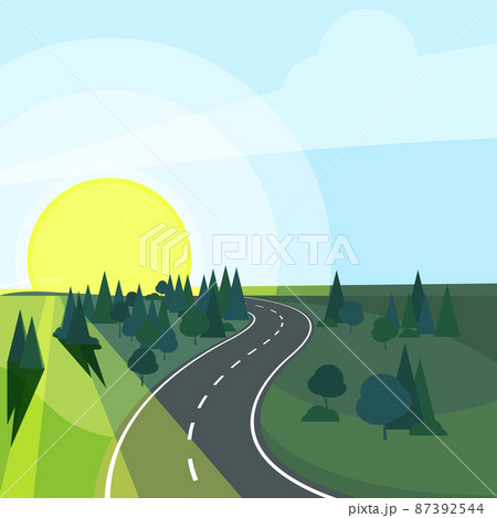 Countryside landscape with road going to rising sun Countryside landscape with road going to rising sun 87392544