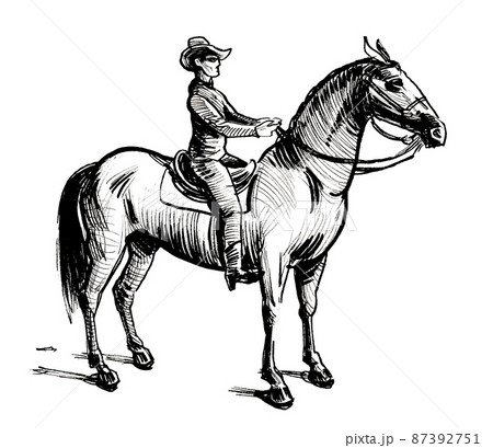 Cowboy riding a horse. Ink black and white draiwng 87392751