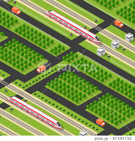 Fast modern high-speed train and cars. Vector flat 3d isometric illustration 87393730