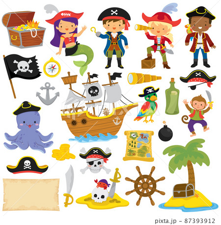 Pirates clipart set with pirate kids and various pirate items. 87393912
