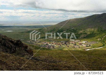 The abandoned arctic military town of Gudym in the tundra among the mountains 87394523