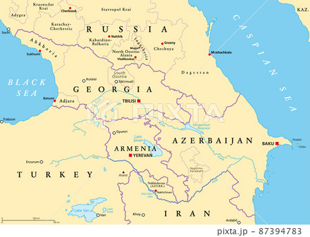 The Caucasus, or Caucasia, political map. A region between the Black Sea and the Caspian Sea, mainly occupied by Armenia, Azerbaijan, Georgia, and parts of Southern Russia, with disputed areas. Vector The Caucasus, or Caucasia, political map. A region between the Black Sea and the Caspian Sea, mainly occupied by Armenia, Azerbaijan, Georgia, and parts of Southern Russia, with disputed areas. Vector 87394783