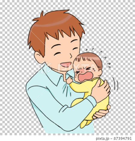 Illustration of a dad who smiles at a crying baby 87394791