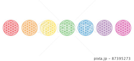 Seven rainbow colored Flowers of Life. Geometric figures and ancient spiritual symbols of Sacred geometry. Overlapping circles forming mandalas, and flower-like symmetrical patterns. Illustration. Seven rainbow colored Flowers of Life. Geometric figures and ancient spiritual symbols of Sacred geometry. Overlapping circles forming mandalas, and flower-like symmetrical patterns. Illustration. 87395273