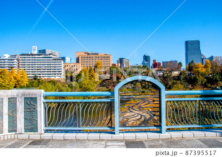 杜の都仙台　晩秋　広瀬川　評定河原橋の欄干と片平丁の街並み 87395517