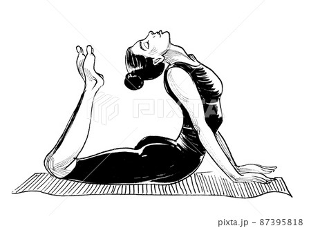 Pretty woman doing yoga exercise. Ink black and white drawing 87395818