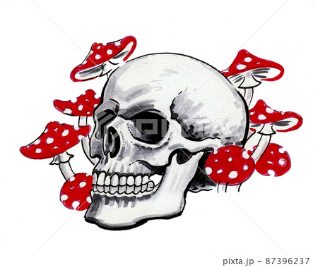 Human skull and fly-agaric mushrooms. Ink and watercolour drawing Human skull and fly-agaric mushrooms. Ink and watercolour drawing 87396237