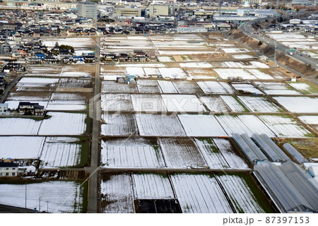 古墳から眺める整備された田圃 87397153