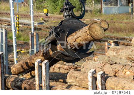 A crane with jaws loads trunks of tree into wagons A crane with jaws loads trunks of tree into wagons 87397641