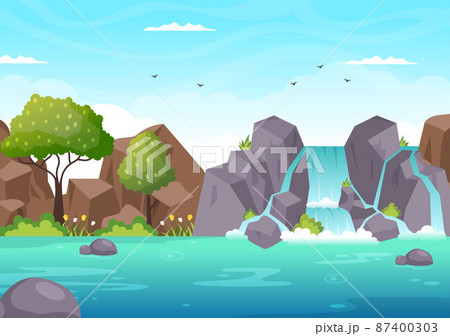 Waterfall Jungle Landscape of Tropical Natural Scenery with Cascade of Rocks, River Streams or Rocky Cliff in Flat Background Vector Illustration 87400303