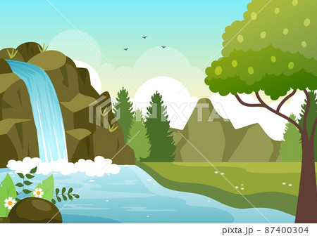 Waterfall Jungle Landscape of Tropical Natural Scenery with Cascade of Rocks, River Streams or Rocky Cliff in Flat Background Vector Illustration 87400304