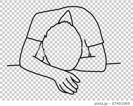Line art illustration of a man lying down on a desk 87401069
