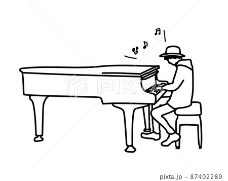 グランドピアノを弾く男性の線画イラストのイラスト素材