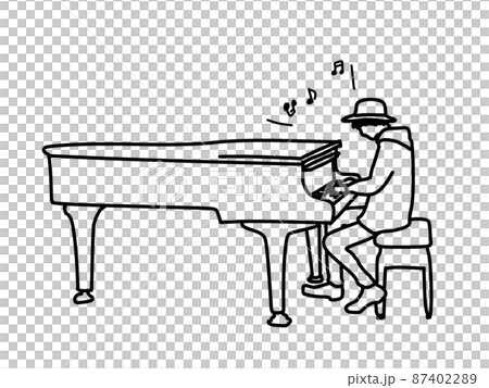 Line art illustration of a man playing a grand piano 87402289