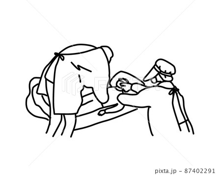 患者を診る防護服を着たファストドクターの線画イラスト 87402291