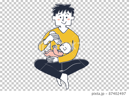 赤ちゃんにミルクをあげるお父さん コミカルな手書きの人物 ベクター、線画にシンプルな色つけ 赤ちゃんにミルクをあげるお父さん コミカルな手書きの人物 ベクター、線画にシンプルな色つけ 87402497