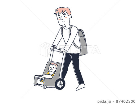 ベビーカーを押して出かける男性　コミカルな手書きの人物　ベクター、線画にシンプルな色つけ　 87402500
