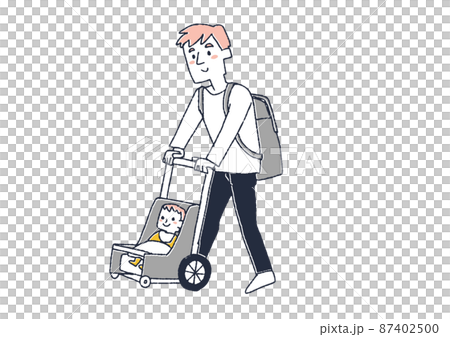 A man who pushes a stroller and goes out. A comical handwritten person vector, simple coloring of line drawings. 87402500