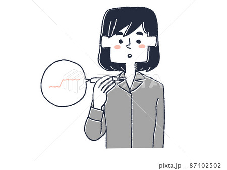 体温を定期的に測っている女性 コミカルな手書きの人物 ベクター 線画にシンプルな色つけ のイラスト素材