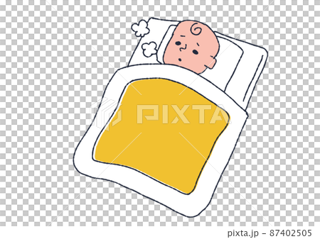 熱を出して寝込んでいる赤ちゃん コミカルな手書きの人物 ベクター 線画にシンプルな色つけ のイラスト素材