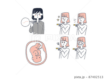 妊娠　妊活に関するイラストセット　コミカルな手書きの人物　ベクター、線画にシンプルな色つけ　 87402513