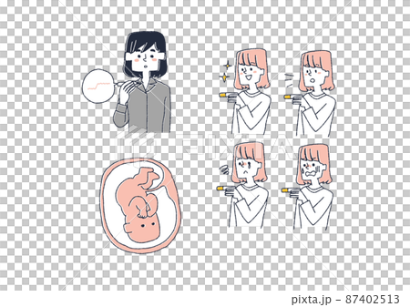 妊娠　妊活に関するイラストセット　コミカルな手書きの人物　ベクター、線画にシンプルな色つけ　 87402513