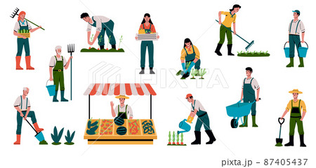 Farmer with vegetables. Agricultural workers in garden. Farmers working with gardening tools. People selling crops and collection harvest. Persons cultivation food. Vector gardeners set Farmer with vegetables. Agricultural workers in garden. Farmers working with gardening tools. People selling crops and collection harvest. Persons cultivation food. Vector gardeners set 87405437