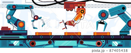 Assembly line. Manufacture conveyor with robotic hands and hydraulic manipulators. Industrial automatic equipment. Factory electronic mechanisms. Vector automated production process Assembly line. Manufacture conveyor with robotic hands and hydraulic manipulators. Industrial automatic equipment. Factory electronic mechanisms. Vector automated production process 87405438