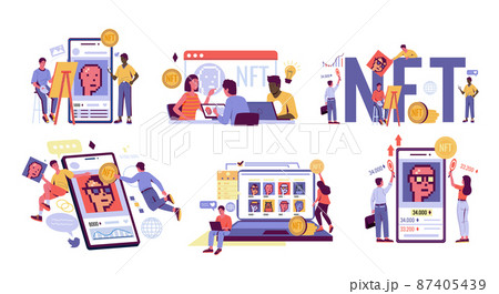 Non-fungible token. Cartoon concept with people creating and selling art via blockchain. NFT masterpiece markets set. Persons with computers making transactions. Vector crypto artworks 87405439