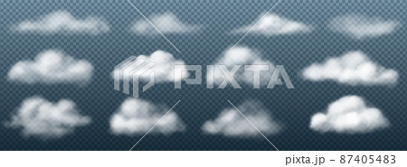 Realistic clouds. White transparent cumulus cloudy shapes mockup. Puffy smoke. Heaven evaporation. Overcast weather. Sky precipitation collection. Vector 3D cloudscape elements set 87405483