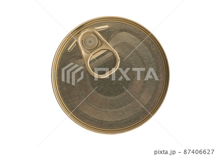 Top of a closed tin can with a key-ring on a white background. Top of a closed tin can with a key-ring on a white background. 87406627