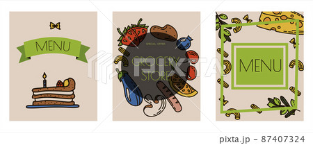 Vector Food Doodle banners. Hand Made Line Art cards. Menu Restaurant. Sketch illustration of healthy food. Logotype Symbol Design 87407324