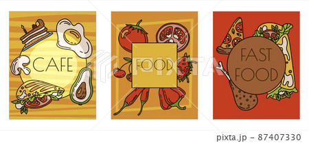 Vector Food Doodle banners. Hand Made Line Art cards. Menu Restaurant. Sketch illustration of healthy food. Logotype Symbol Design 87407330