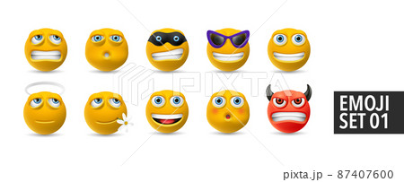 Set of vector emotion icons. Happy, sad emoji faces. Yellow cartoon characters Set of vector emotion icons. Happy, sad emoji faces. Yellow cartoon characters 87407600