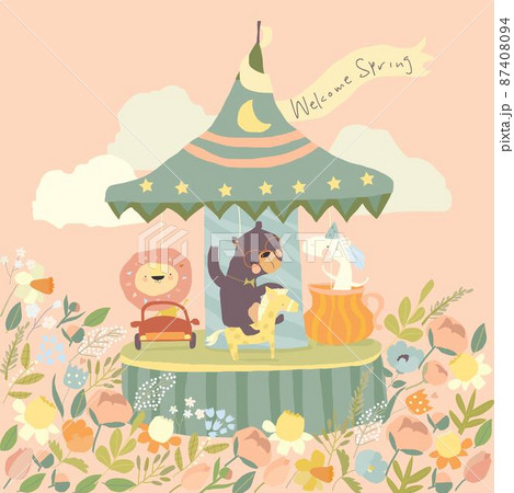 Cute Cartoon Animals on a Merry go Round in a Flower Meadow 87408094