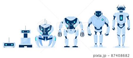 Cartoon robot evolution, digital bot characters development. Robots engineering progress from primitive droid to ai cyborg vector illustration set. Robotics technologies 87408682